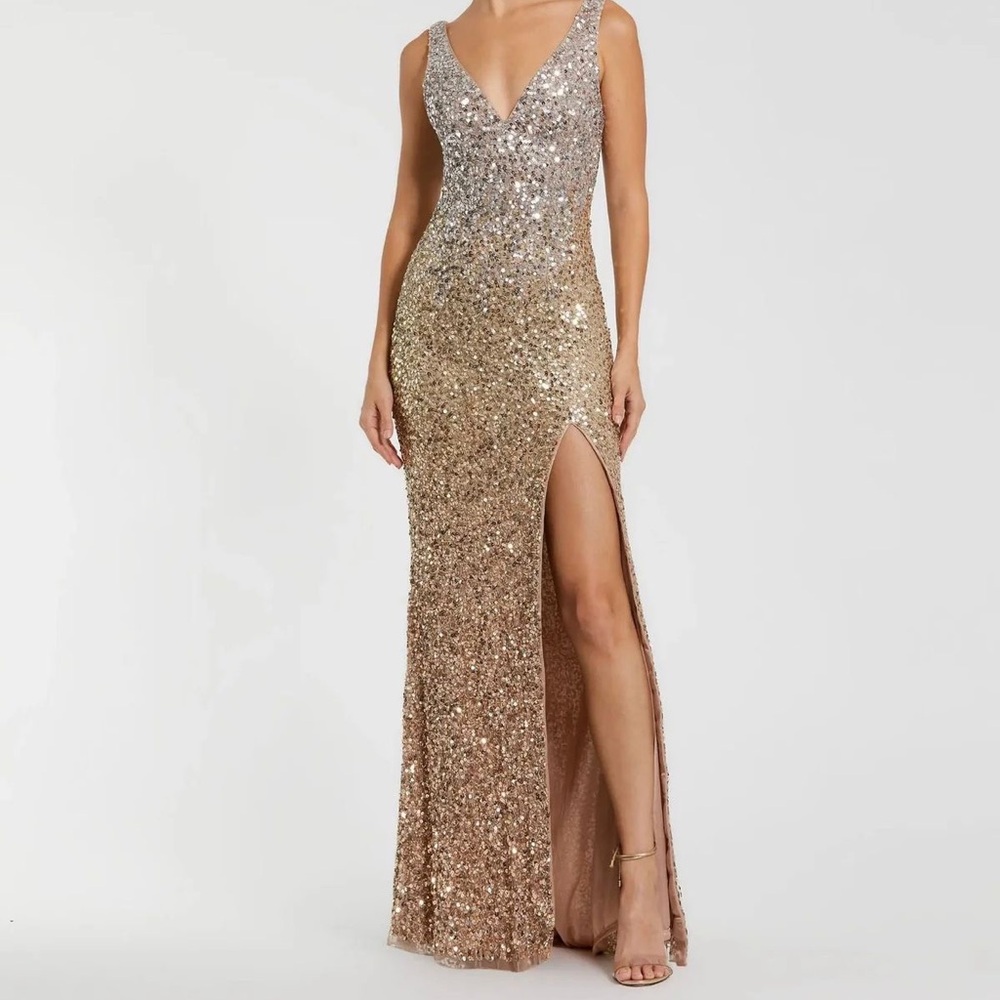 Mac Duggal Glittering Gold Sequin V-Neck High Slit Gown